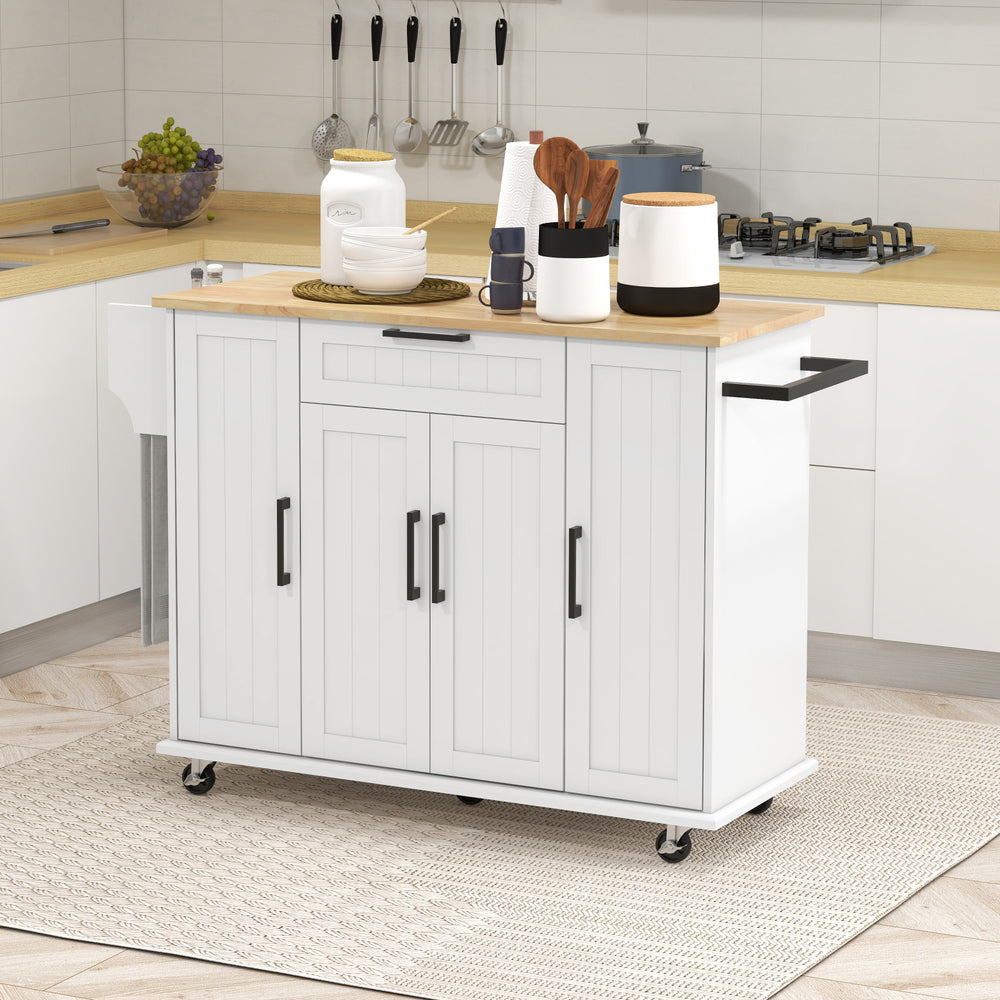 Modern Rolling Kitchen Island with Drawers, Natural Wood Top, Towel Rack and Storage Cabinet, White