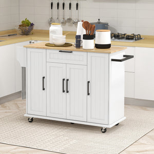 Modern Rolling Kitchen Island with Drawers, Natural Wood Top, Towel Rack and Storage Cabinet, White