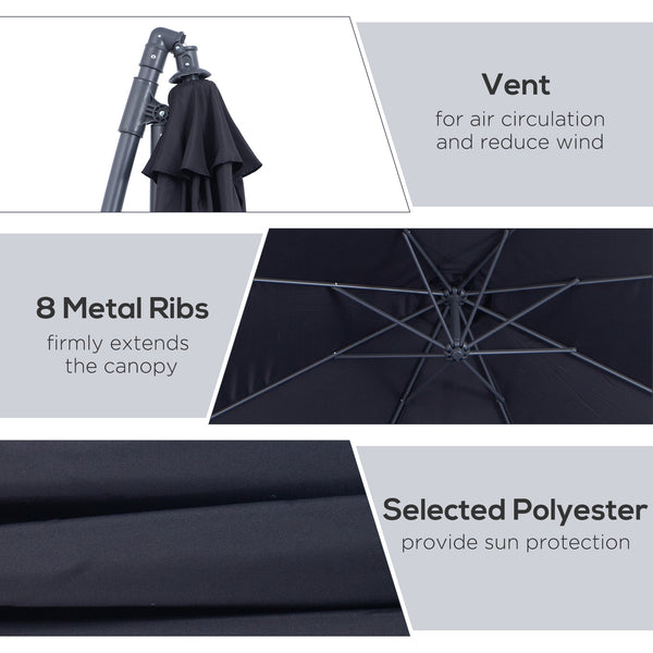 Parasol de terrasse Deluxe 3 m (10 pi) déporté avec manivelle et base en croix, noir