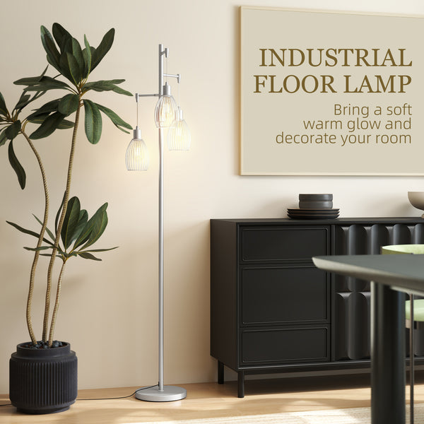 Industrial floor lamp with 3 hanging lampshades, silver