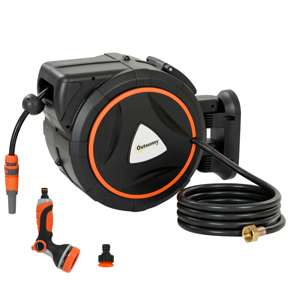 Retractable garden hose reel, 1/2 in. x 92 ft., wall mounted, 12 various jet nozzles, automatic retraction and locking