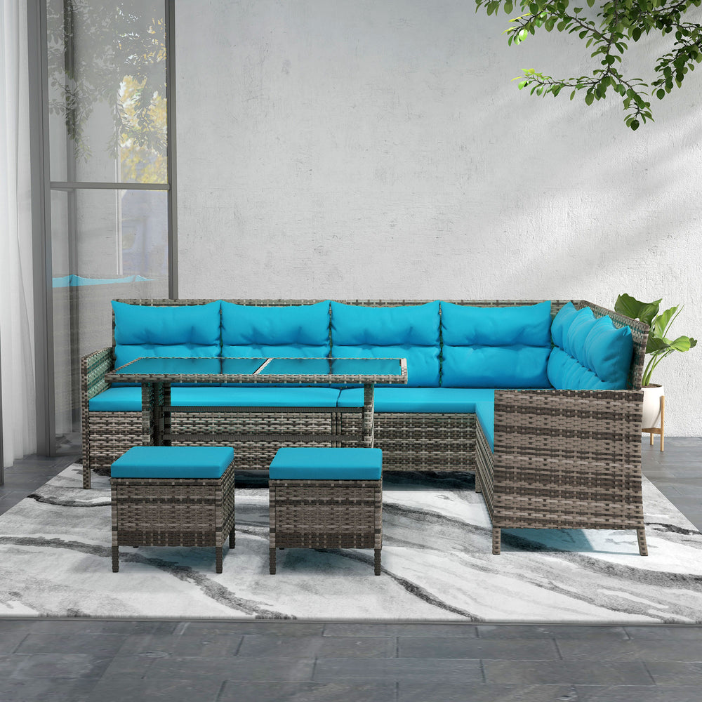 6 Piece Outdoor Rattan Sofa Set with Dining Table and Chairs Sky Blue