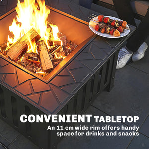 Outdoor Fire Pit with Poker, Square Steel Wood Burning Fire Pit with Mesh Cover, Fireplaces, Black