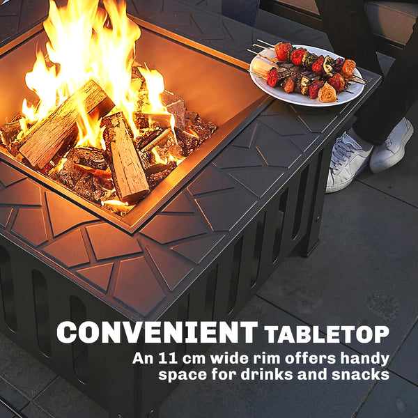 Outdoor Fire Pit with Poker, Square Steel Wood Burning Fire Pit with Mesh Cover, Fireplaces, Black