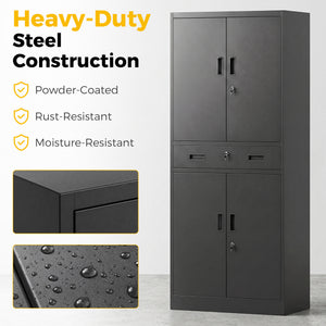 Lockable steel storage cabinet with drawer and adjustable shelves, black
