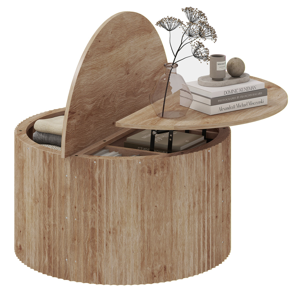 Lift-top round coffee table with hidden storage, natural wood effect