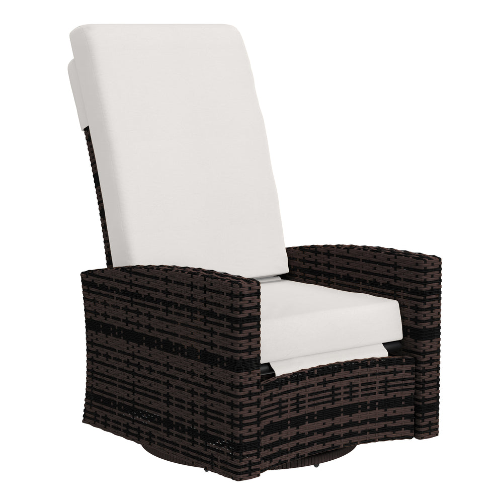 Woven rattan garden armchair with footrest and soft cushion