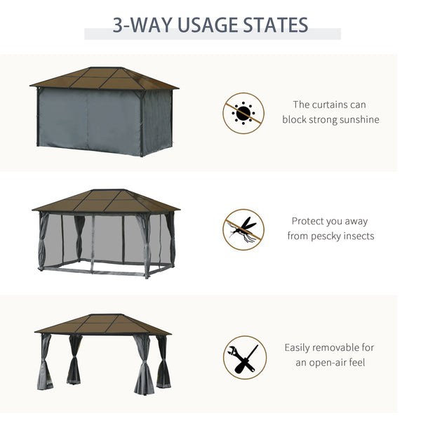 10 x 13 Gazebo with rigid roof, aluminum frame, curtains and mesh side panels - Grey