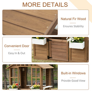 Wooden playhouse with planter, working door and windows, brown