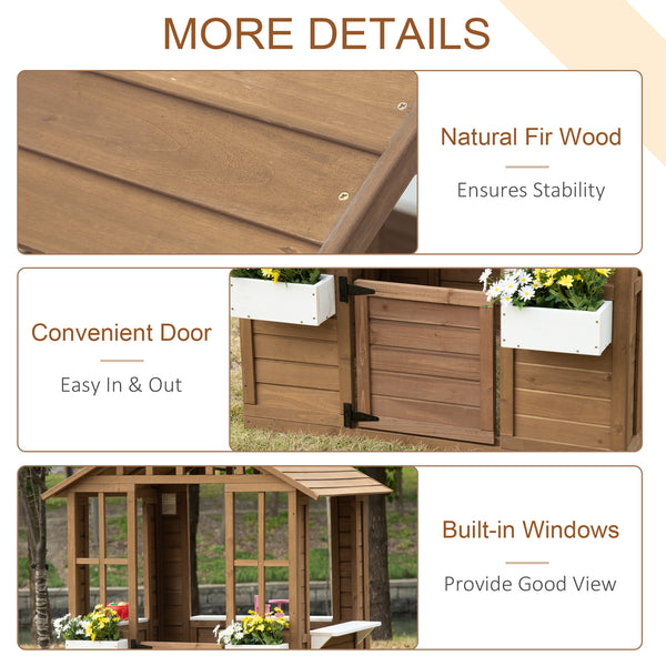 Wooden playhouse with planter, working door and windows, brown