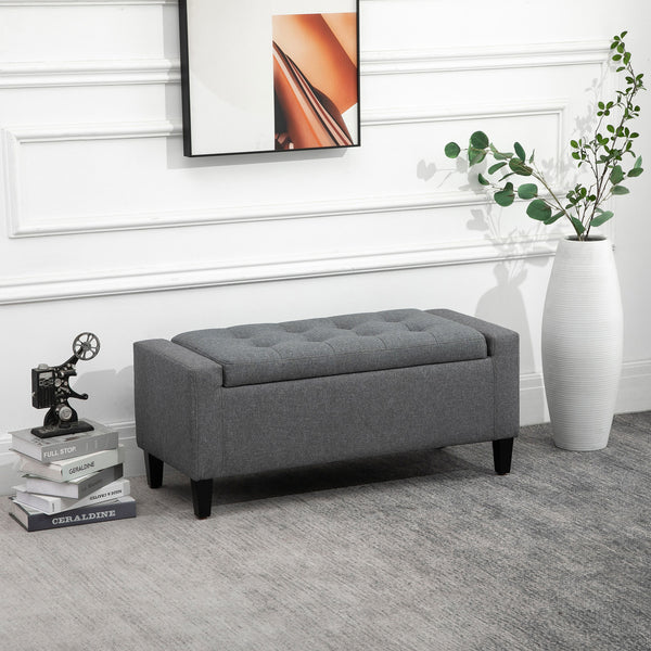 Linen-feel fabric upholstered storage ottoman bench with folding top, grey