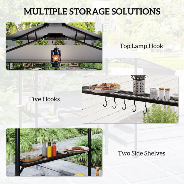 Two-tier barbecue shelter with side awning, light grey 