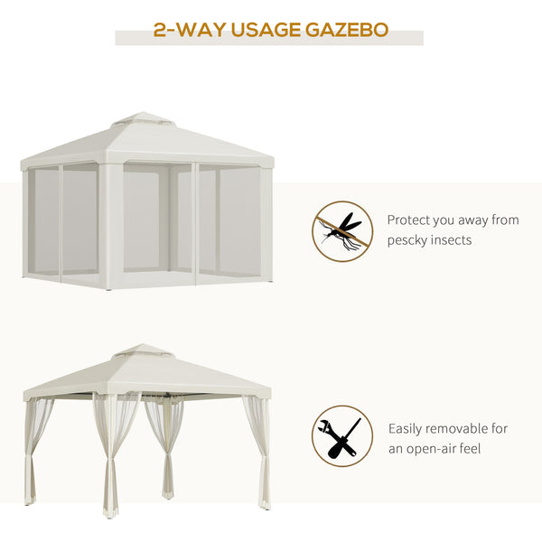 10' x 10' Patio Gazebo Outdoor Pavilion 2 Tire Roof Canopy Shelter Garden Event Party Tent Yard Sun Shade Steel Frame w/ Mosquito Netting Cream White