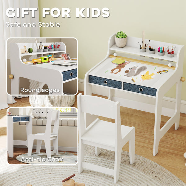 Table and chair set with storage shelf and drawers, white
