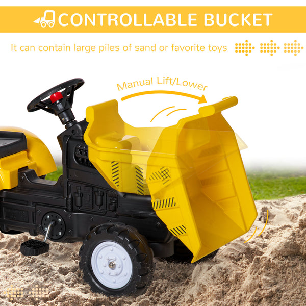 Pedal tractor with hand-operated bucket, yellow