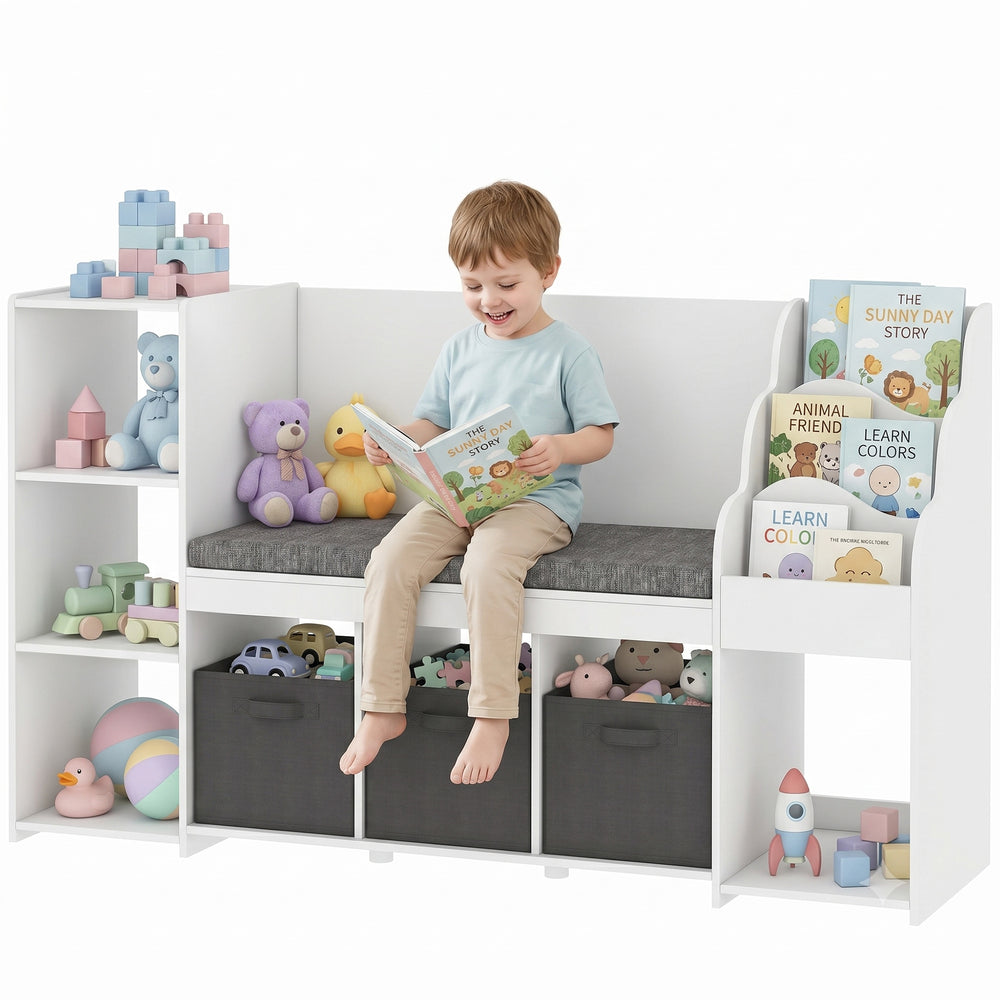 Storage unit with reading nook and seat cushion, 3 fabric drawers, white