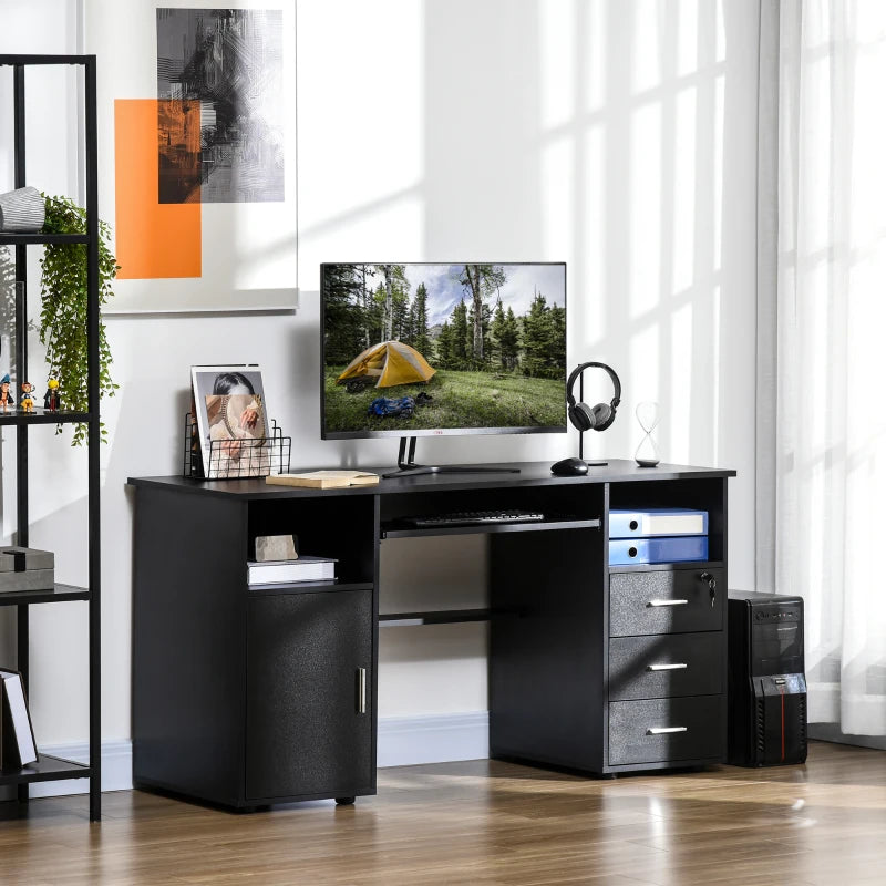 Computer Desk with Drawers, Keyboard Tray, Open Shelves, Black