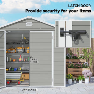 Plastic garden shed with latch door, ventilation, sloping roof, light grey