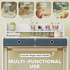 Table and chair set with storage shelf and drawers, white