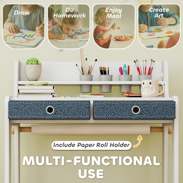 Table and chair set with storage shelf and drawers, white