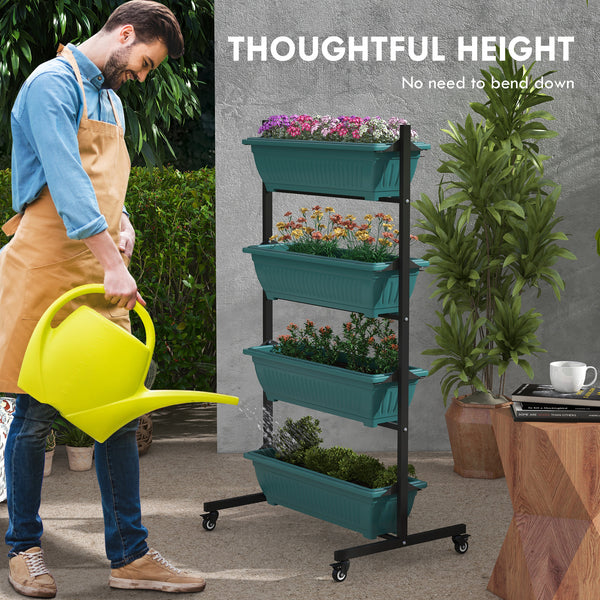4-Tier Vertical Raised Garden Bed with 4 Bins, Casters and Stand for Outdoor Plants, Green