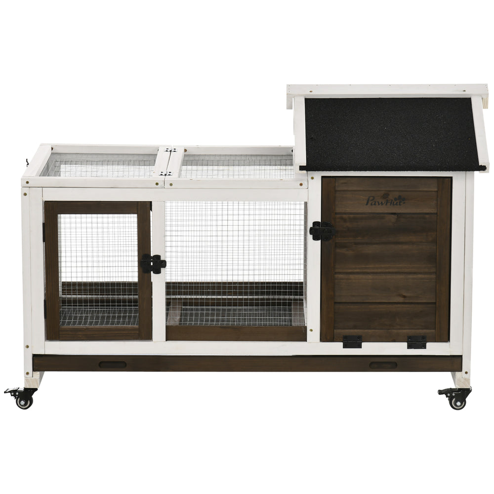 Rabbit hutch with wheels, ramp, run, and tray for indoor and outdoor use