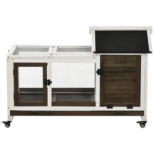Rabbit hutch with wheels, ramp, run, and tray for indoor and outdoor use