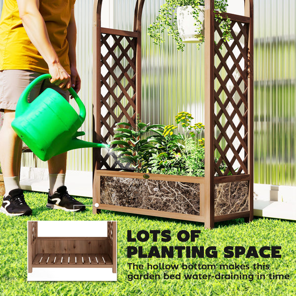Raised planter with arched trellis, dark brown wood