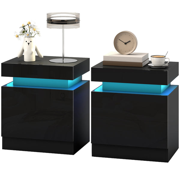 Set of 2 bedside tables with LED lighting and 2 drawers, black.