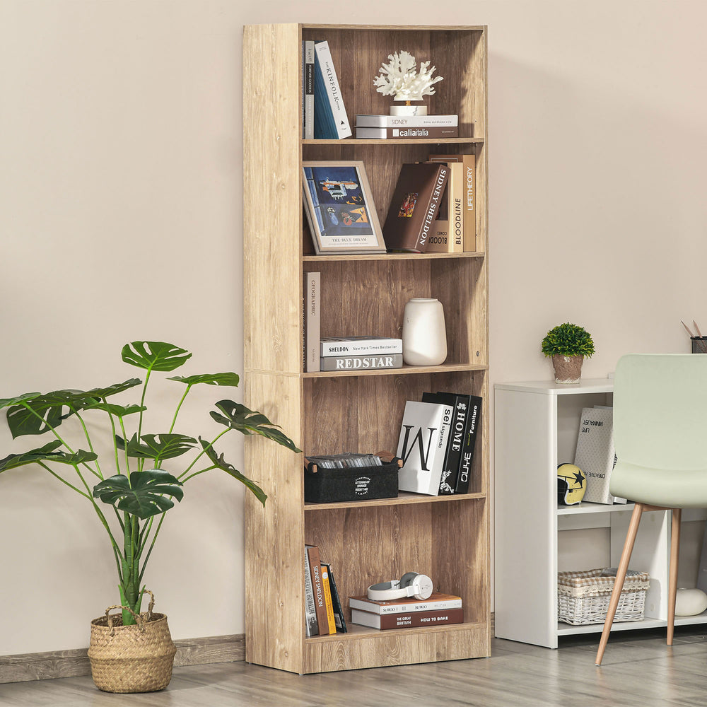 5-Tier Bookcase with Adjustable Shelves, Natural Wood