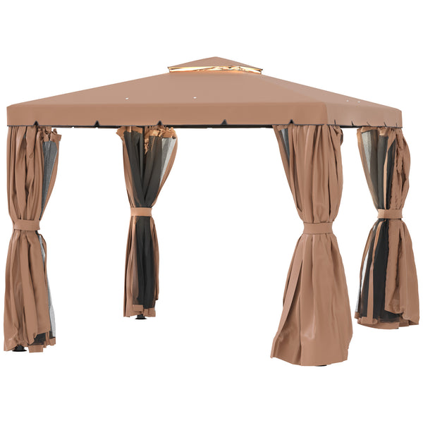 10' x 10' Outdoor Gazebo with Double Soft Top and Curtains and Mosquito Netting, Brown