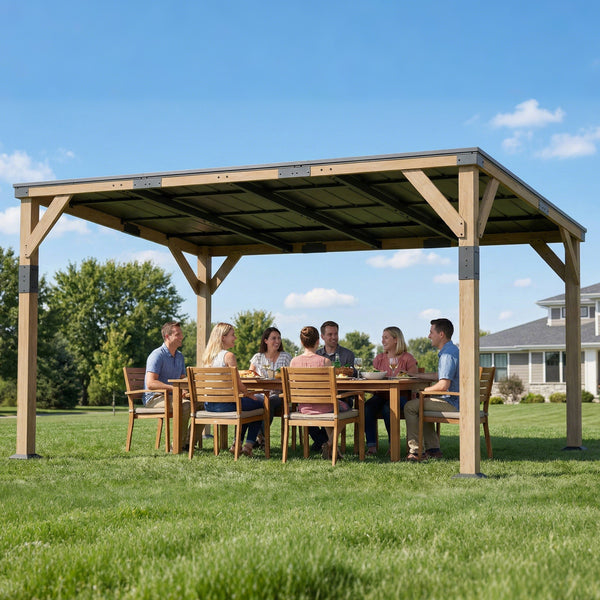 14' x 10' galvanized steel pergola with rigid roof and wooden frame, patio awning, dark grey