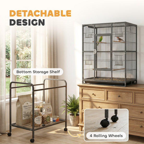 Large bird cage with rolling stand, 4 perches and 4 feeders – Black
