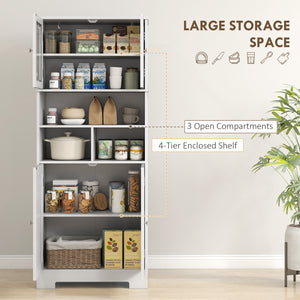 Kitchen Pantry with Glass Doors, Adjustable Shelves, Open Compartments, White
