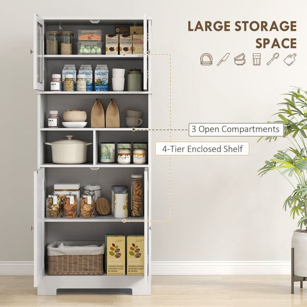 Kitchen Pantry with Glass Doors, Adjustable Shelves, Open Compartments, White