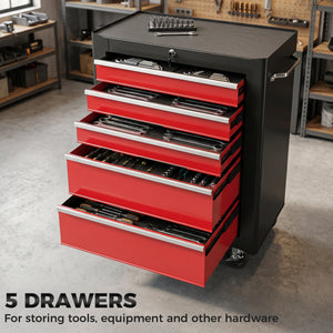 Mobile steel tool chest with 5 lockable drawers and casters – Black and red