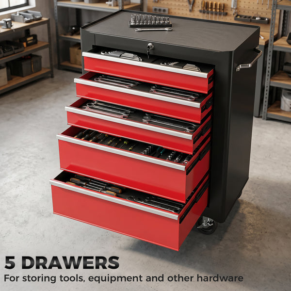 Mobile steel tool chest with 5 lockable drawers and casters – Black and red