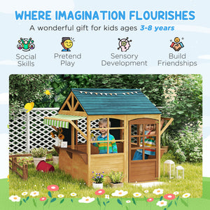 Foldable Wooden Outdoor Playhouse with Functional Door, Rain Cover, Chalkboards, Brown
