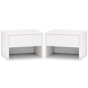 Set of 2 floating bedside tables, wall mounted with drawer, white