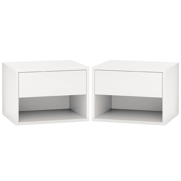 Set of 2 floating bedside tables, wall mounted with drawer, white