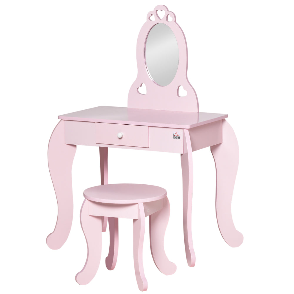Children's dressing table with mirror and stool, pink