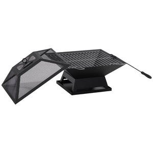 Wood-burning fireplace with cooking grate, spark screen and poker, black