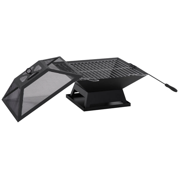 Wood-burning fireplace with cooking grate, spark screen and poker, black