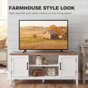 TV stand for up to 55-inch TVs with 2 open shelves, 2 cupboards, thick top, white and brown