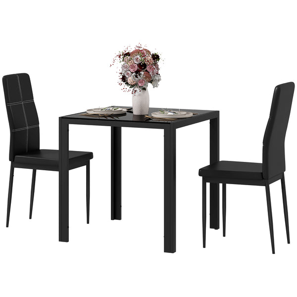 Glass Dining Table and Chair Set with Metal Frame and Faux Leather Upholstery, Black