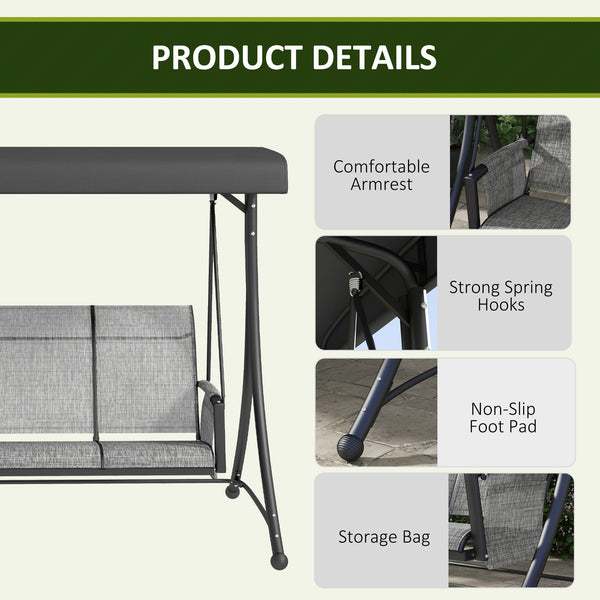 Swing chair for 3 people with adjustable canopy, heather grey
