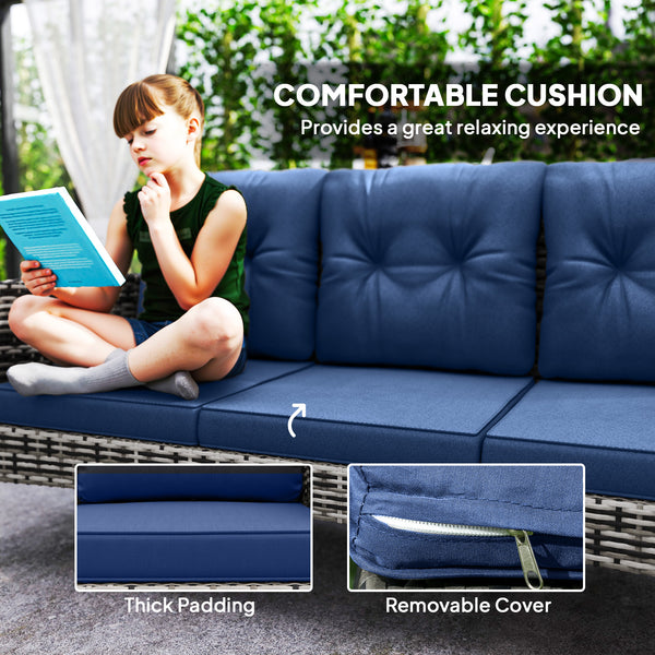 6 Piece Garden Furniture Set with Garden Chairs, Ottomans, Sofa, Glass Table and Cushions, Navy Blue