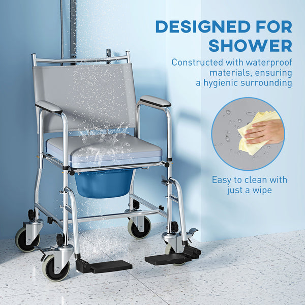 4-in-1 wheeled shower chair with padded seat and pail – Gray
