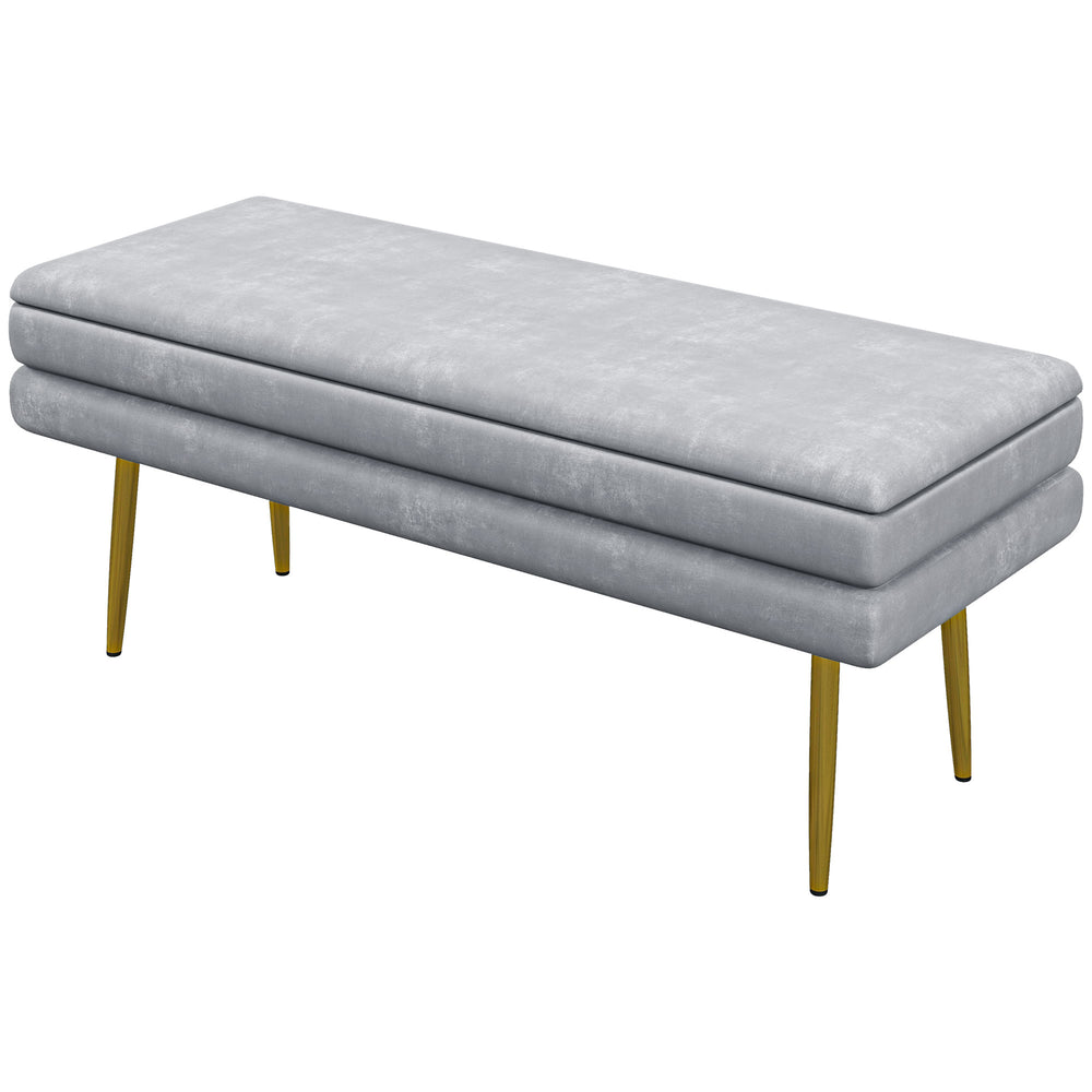 Velvet storage ottoman with steel legs, gray