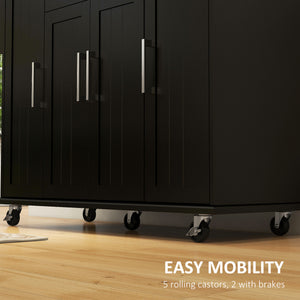 Modern Kitchen Trolley with Drawers, Natural Wood Top, Towel Rack, Door Storage Cabinet, Black